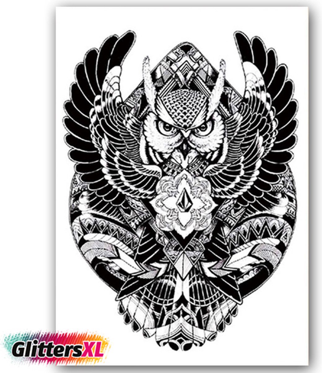 GlittersXL - Temporary Tattoo Uil (A5 formaat) [Neptattoo - Tijdelijke tatoeage - Nep Fake Tattoos - Water overdraagbare festival sticker henna outfit tattoo - Glitter tattoo - Volwassenen Kinderen Jongen Meisje]